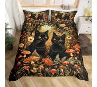 Cute Cats Duvet Cover Set Double Size 3 Pcs Watercolor Mushroom Retro Hippie Daisy Bedding Set for Kids Teens Adults Jungle Leaves Black Animal Halloween Quilt Cover with 2 Pillowcases(No Comforter)