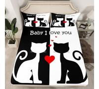 Cute Cats Fitted Sheet Single Size, Black and White Cartoon Cat Bedding Set 2pcs for Kids Boys Girls Room Decor, Love Theme Bed Cover with 1 Pillowcase, Soft Polyester Bedding