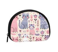 Cute Cats Floral Pastel Colors Small Shell Coin Purse for Women & Men - Small Zippered Change Wallet, Portable Travel Coin, Key & Card Holder