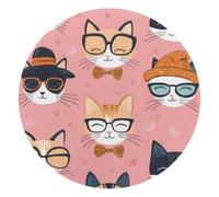 Cute Cats Head with Glasses Hat and Bow Pattern Round Mouse Pad, Mousepad with Non-Slip Rubber Base, Computer Gaming Pads for Wireless Mouse, Easy Gliding