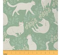 Cute Cats Pattern Fabric by The Yard Lovely White Hand Drawn Animal Fabric for Chairs Decoration DIY Gifts Home Decor Flowers Herbs Botanical Garden Plants Fabric for Kids Boys Girls,1 Yard,Green