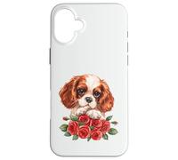 Cute Cavalier King Charles Spaniel Puppy Red Roses Art Case for iPhone 16 Plus