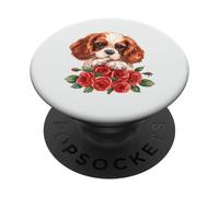Cute Cavalier King Charles Spaniel Puppy Red Roses Art PopSockets Adhesive PopGrip