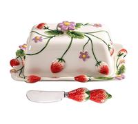 Cute Ceramic Butter Dish with Lid and Knifes, Kitchen Table Decor | Vintage Strawberry Floral Butter Tray, Christmas Birthday Housewarming Kitchen Gift For Women
