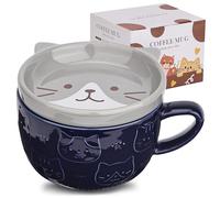 Cute Ceramic Cat Coffee Mug with Lid Kawaii Mugs or Tea Cups for Lovers | Funny Novelty Breakfast Women Wife Mum Girls Boys Friends Kids Christmas Birthday Gift, 300ML（Blue）