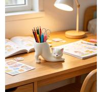 Cute Ceramic Cat Pen Holder & Small Planter, White Desktop Pencil Organizer Cup for Office Supplies & Desk Decor