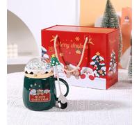 Cute Ceramic Christmas Mugs with Lid and Spoon, 450ml Winter Snow Globe Coffee Cup