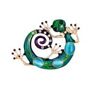 Cute Chameleon Lizard Brooch in Green Steel and Blue Stones