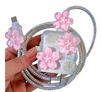 Cute Charger Cord Protector for iPhone iPad 18W/20W Charger Cover Flower 3D Sakura Rose Blossom Floral Pattern Phone Cord Protector,DIY Charging Cable Protector for iPhone 14 15 16 17 Pro Max-Pink