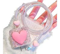 Cute Charging Cord Protector for iPhone Charger,Sparkle Bling Pink Waves Edge with 3D Love Heart Design,5in1 DIY Soft Cable Protector Data Cable Saver for Women Girls for iPad 18W/20W Charger Cover