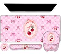 Cute Check Mouse Pad with Wrist Support 4 in1 Set, XXL Big Game Mousepad + Keyboard Wrist Rest + Mouse Wrist Rest Pad +Coaster Gaming Mat for Work Study Home Office I Pink Cherry & Bow Dream