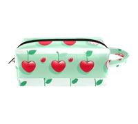 Cute Cherries on a Green Stripes Women’s Leather Cosmetic Bag Pouch with Handle, Waterproof Hanging Toiletry Travel Bag, Small Pencil Case for Kids