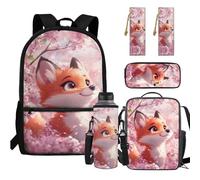 Cute Cherry Blossom Fox Backpacks for Teen Girls Backpackg with Lunch Box Set Lightweight Elementary School Bag with Comfortable Padded Straps for Student Pencil Case Easy to Carry