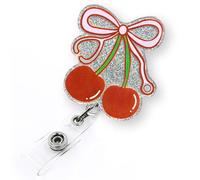 Cute Cherry Bow Badge Reel Retractable, Funny Stethoscope Bow Badge Reel for Nurse Nursing RN CNA LPN Doctor & Medical Worker, Glitter Cherry Badge Holder with Alligator Clip & 24” Durable Nylon Cord