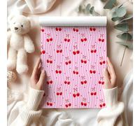 Cute Cherry & Bow Wrapping Paper Sheet, Sweet Red Cherries on Pastel Pink Wavy Stripes, Ideal for Birthdays & Summer Gifts Valentines - W185 (Small Sheet - 30 x 40cm/ 11.8" x 15.7" inches)