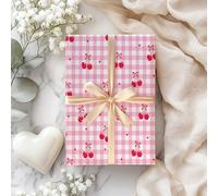 Cute Cherry Gingham Wrapping Paper Sheet, Valentines Sweet Red Cherries & Bows on Pink Checkered Pattern, Ideal for Birthdays & Summer Gifts - W186 (1 Meter Roll - 58cm x 100cm/ 22.8" x 39.3")