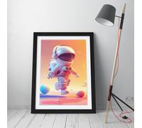 Cute Chibi Astronaut Skipping on the Moon Stunning Framed Wall Art Print Picture - A4 - Black Frame