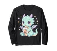 Cute Chibi Baby Dragon with Bubble Tea Kawaii Anime Pastel Long Sleeve T-Shirt