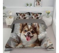 Cute Chihuahua Coverless Duvet Double 7.5 Tog, Reversible Washable Modern Animal Comforter with 2 Pillowcases, 200x200cm Lightweight and Warm Camping Sleepovers Travel Quilt White