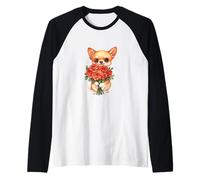 Cute Chihuahua Dog Holding Red Roses Bouquet Watercolor Raglan Baseball Tee