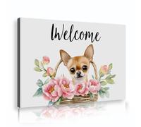 Cute Chihuahua Floral Basket Canvas Wall Art Print Pet Welcome Sign Picture Poster Painting for Living Room Bedroom Nursery Home Decor 80x125cm Innerframe