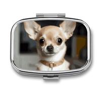 Cute Chihuahua Pill Box 2 Compartment, Portable Pill Case with Mirror for Pocket Purse Travel, Mini Metal Medicine Organizer for Vitamins Fish Oil