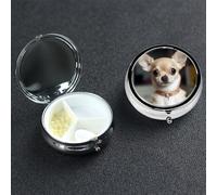 Cute Chihuahua Pill Box 3 Compartment Round Metal Pill Case for Purse & Pocket, Portable Medicine Organizer Travel Pillbox Daily Pill Container Holder to Hold Vitamins, Fish Oil
