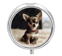 Cute Chihuahua Pill Box 3 Compartment Small Pill Case with Mirror for Purse & Pocket Travel Medicine Organizer Daily Medication Container Portable Pillbox Metal Medicine Box Round Meds Case