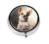 Cute Chihuahua Pill Box Metal Round Small Pill Case Cute 3 Compartment Pill Organizer Portable Travel Pillbox Mini Pill Container Holder for Daily Medicine Supplement Vitamin