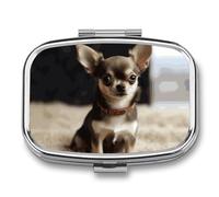 Cute Chihuahua pilldispenser with Mirror 2 Compartments Waterproof PillCase for Purse Pocket Non-Slip Grip Travel Medicine Organizer Container Box for Vitamin Fish Oil Supplement