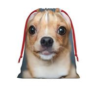 Cute Chihuahua Print Christmas Drawstring Gift Bags, Xmas Holiday Fabric Gift Wrapping Bag For Party, Size-L