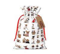 Cute Chihuahua Pug Pattern Print Christmas Bags Holiday Present Drawstring Gift Sacks Birthday Xmas Party Favors