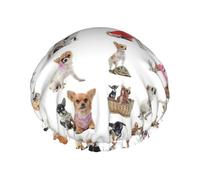 Cute Chihuahua Pug Pattern Print Soft Lined Shower Cap, Double Layer Washable Wide Elastic Band Hair Shower Cap For Bath