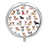 Cute Chihuahua Pug Pattern Travel Pill Box Case 3 Compartment Cute Pill Organizer Metal Pill Holder with Mirror Small Medicine Organizer Daily Pill Container for Purse Pocket Portable Meds Box