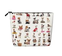Cute Chihuahua Pug Pattern Water Resistant Pouch Women's Organizer, Fake Hemp Makeup Bag Large Cosmetic Travel Case