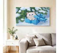 Cute Childish Cat Extra Large Framed Canvas Wall Art Cartoon Kitten Gift Box Quality Picture Prints, Wall Art Decor for Home, Spacious Lounge - 120x80 cm