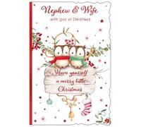 Cute Christmas Card for Nephew and Wife, Festive Owl Design Holiday Greeting Card, 15 x 23 cm, with Heartfelt Message