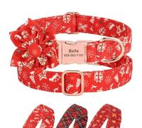 Cute Christmas Dog Collar with Bow Tie,Personalized Fall Dog Collar with Durable Metal Buckle,Holiday Girl Boy Dog Collars for Small Medium Large Dogs (Christmas with Flower-Custom, S)