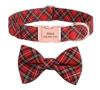 Cute Christmas Dog Collar with Bow Tie,Personalized Fall Dog Collar with Durable Metal Buckle,Holiday Girl Boy Dog Collars for Small Medium Large Dogs (Plaid with Bow-Custom, S)