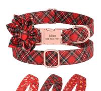 Cute Christmas Dog Collar with Bow Tie,Personalized Fall Dog Collar with Durable Metal Buckle,Holiday Girl Boy Dog Collars for Small Medium Large Dogs (Plaid with Flower-Custom, L)