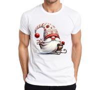 Cute Christmas Gnome in Sleigh with Gifts and Snow Men's T-Shirt, White, XXL