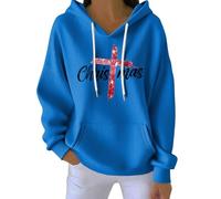 Cute Christmas Graphic Hoodie, Women's Oversized Long Sleeve Pullover for Gift Ideas Novelty Xmas Sweatshirts Graphic Shirts Blue