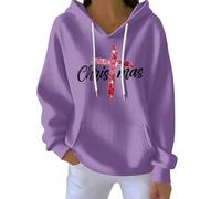 Cute Christmas Graphic Hoodie, Women's Oversized Long Sleeve Pullover for Gift Ideas Novelty Xmas Sweatshirts Graphic Shirts Purple