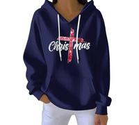 Cute Christmas Graphic Hoodie, Women's Oversized Long Sleeve Pullover for Gift Ideas Novelty Xmas Sweatshirts Graphic Shirts Navy