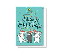 Cute Christmas Greeting Card with Envelope - Kawaii Cat Kitten Penguin X-mas Cards - Fairy Lights Cats
