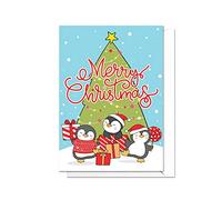 Cute Christmas Greeting Card with Envelope - Kawaii Cat Kitten Penguin X-mas Cards - Happy Penguins
