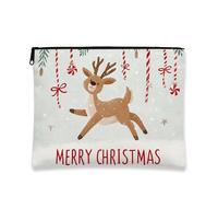 Cute Christmas Makeup Bag, Reindeer and Candy Canes Portable Small Cosmetic Travel Pouch for Women, Holiday Toiletry Bag Organizer, White, 7x9 Inch