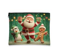 Cute Christmas Makeup Bag, Santa and Friends Holiday Cosmetic Travel Pouch for Women, Portable Small Canvas Zipper Organizer, Winter Festival Skincare Toiletry Bag, Green, 7x9 Inch, Christmas