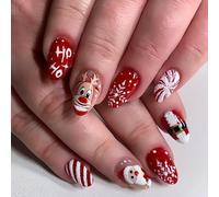 Cute Christmas Nails - Red Christmas Press on Nails Almond with Deer Snowflake Santa & Stripe Design - Short False Nails with Glue - Acrylic Full Cover for Women Girls New Year Party