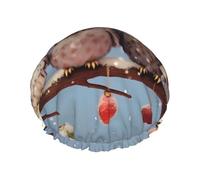 Cute Christmas Owls On Branch Double Layer Waterproof Shower Cap, Extra Large Soft Elastic Band, Reusable Bath Cap For Women Men,Full Print Design